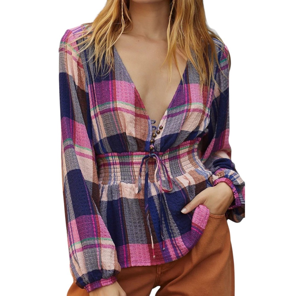 Pilcro Anthropologie Plaid Peplum Blouse Boho Smocked Tie Front Top Indie S